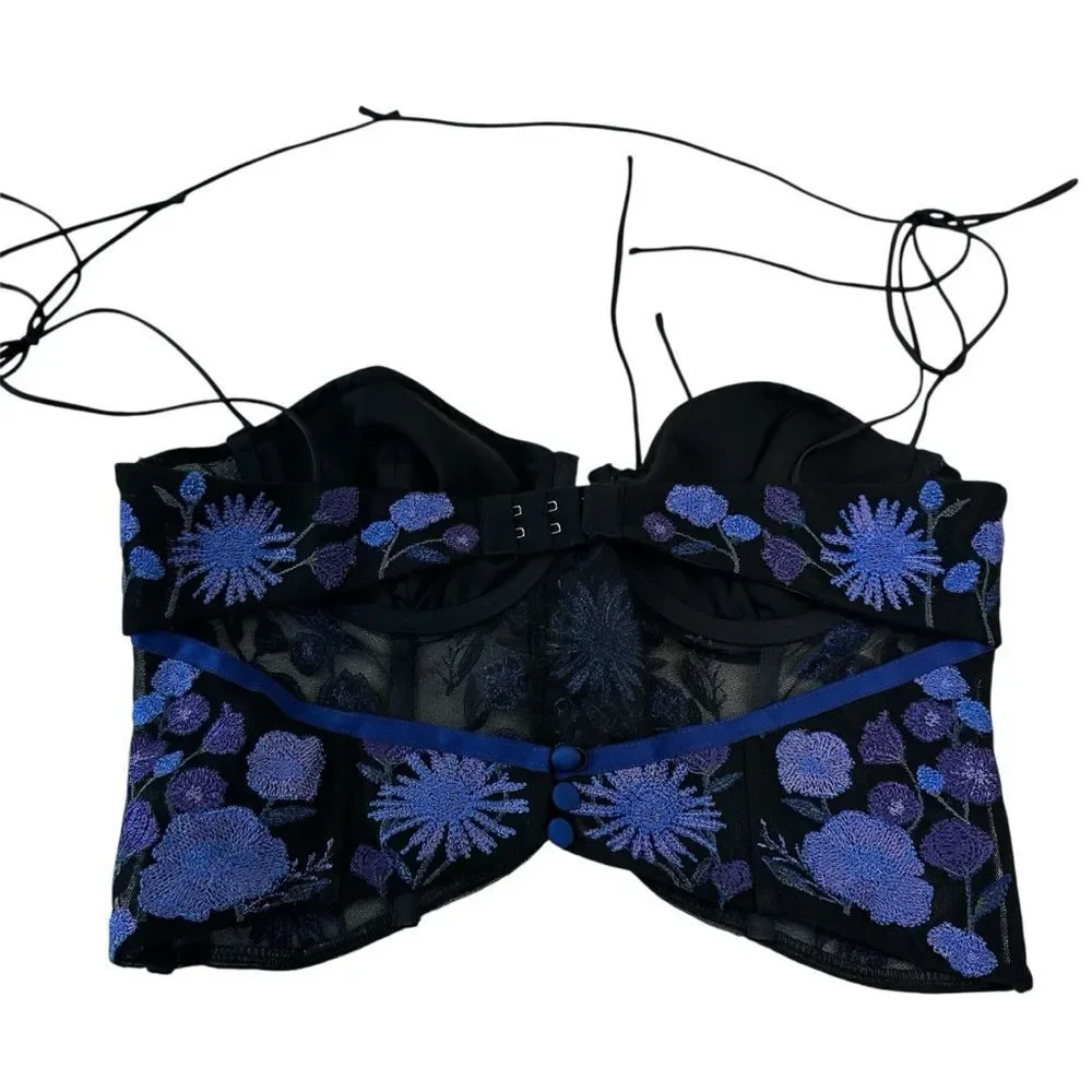 For Love And Lemons Kaylee Crop Top Black and Blue Floral Corset Bra, M - Picture 4 of 11